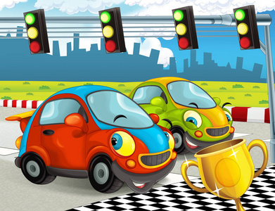 终点卡通卡通场景与快乐微笑赛车在终点线与冠军杯插图儿童照片