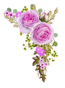 花组成。花环，花环的精致美丽的粉红色玫瑰和绿叶。白色背景上孤立