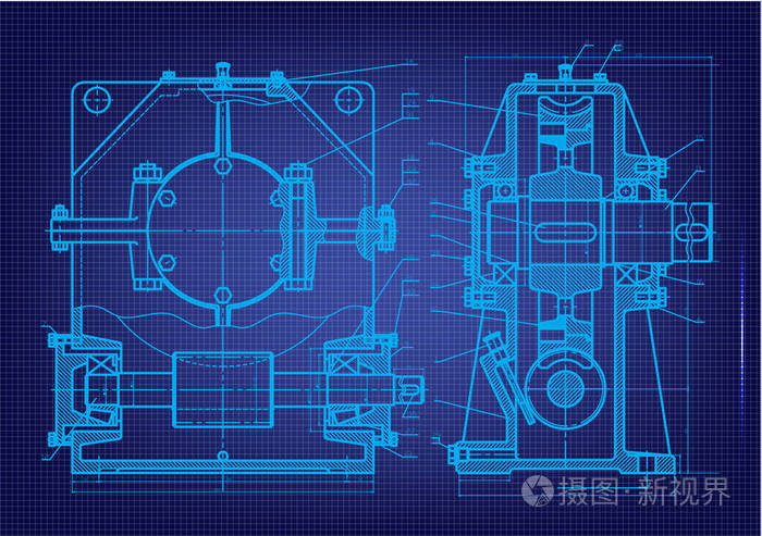 蓝色背景上的机械图纸