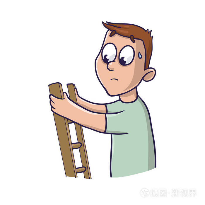 恐高症.上楼梯男子惊恐.矢量图中,白色背景上孤立