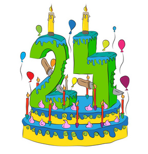 用数字二十四个蜡烛，庆祝第二十四年的人生，五彩的气球和巧克力涂层的生日蛋糕