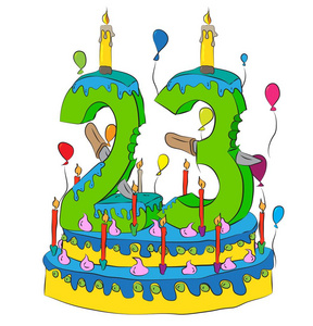 用数字二十三个蜡烛，庆祝第 23 年的生活 五颜六色的气球和巧克力涂层的生日蛋糕