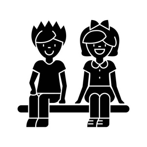 快乐的孩子坐在长椅上，男孩和女孩的图标，矢量图，登录孤立背景