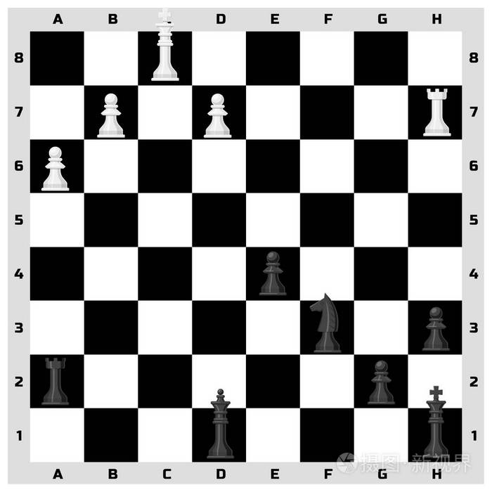 国际象棋棋盘无缝模式背景棋子休闲概念骑士组黑白棋子竞赛矢量插图