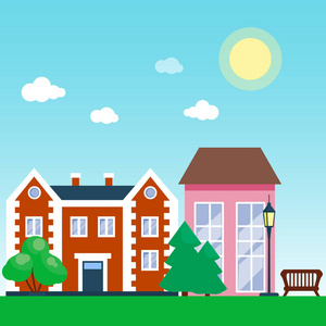 城市户外日间风景房子和街道大厦室外 cityspace 设计矢量插画现代