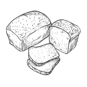 矩形条面包。切片的面包。矢量图的素描样式