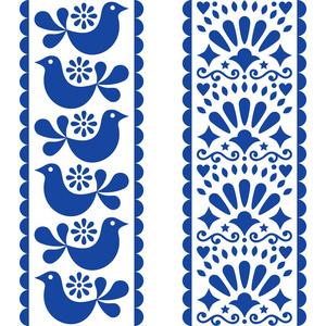 民俗艺术无缝模式墨西哥风格长条纹设计与海军蓝色的花和鸟
