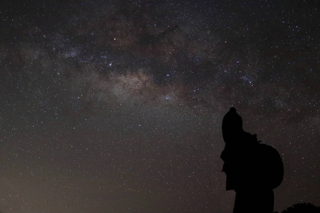 年轻人看银河系在夜晚的天空背景上，背包里的剪影