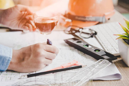 顶视图的建筑设计师的蓝图.建筑师的工作场所.