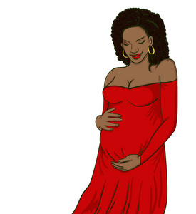穿着怀孕礼服的非裔美国孕妇为分娩做好了准备。 等待婴儿出生