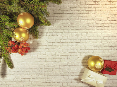 圣诞节分支礼品盒 灰墙 浆果 舒适的家