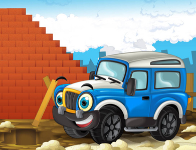 卡通快速越野车驾驶通过建筑工地儿童插图照片