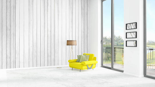 全新白色阁楼卧室最小风格室内的设计与 copyspace 墙和窗外的视图。3d 渲染