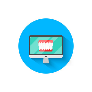 在计算机监视器上，平面设计风格矢量插图所示的牙科图标。近代牙科医学 口腔修复 口腔医学为您的项目的主题图标