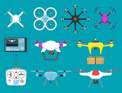 矢量插图空中飞行器无人机 quadcopter 监视空气悬停无线工具遥控飞行摄像机