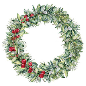 水彩冬天有白色和红色浆果的花环。手绘的圣诞树和忍冬科孤立在白色背景上。圣诞植物框架设计或打印。节日植物