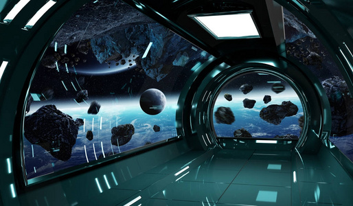 太空飞船内部与行星 3d 渲染元素的观