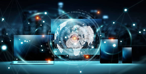 在现代科技设备 3d 渲染的全球服务器接口照片