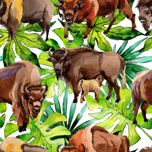 充满异国情调的野牛野生动物纹样在水彩风格