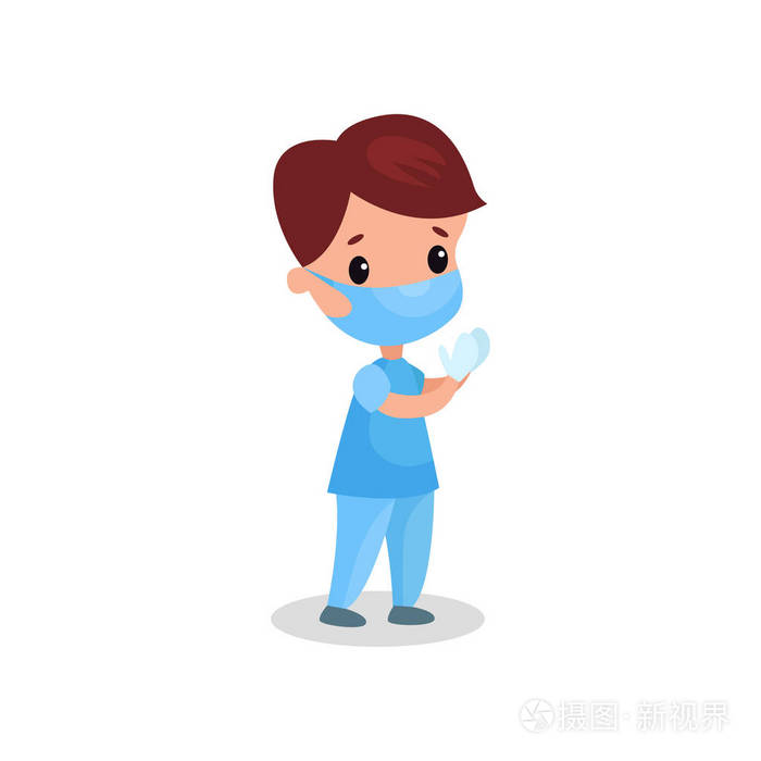 可爱的男孩医生专业服装在医用口罩和手套,在孩子玩医生矢量图