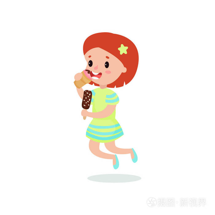 快乐的红发女孩舔着冰淇淋卡通矢量图