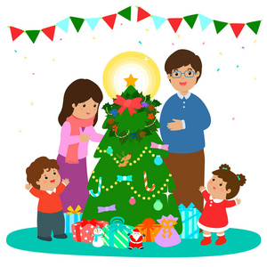 幸福的家庭装饰圣诞树矢量艺术插画