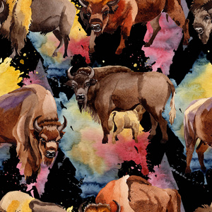 充满异国情调的野牛野生动物纹样在水彩风格