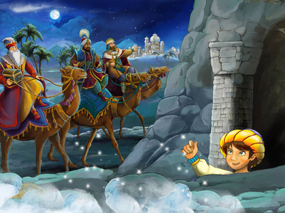 有三个骑骆驼的旅行者的卡通场景，另一个则在观看儿童插图