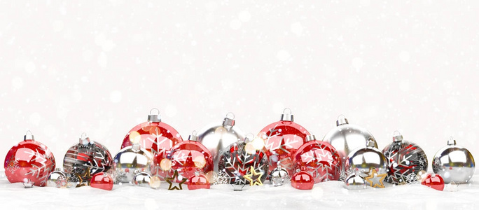红色和白色圣诞小玩意排队 3d 渲染