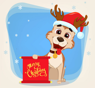 快乐圣诞贺卡。可爱的小狗戴圣诞老人帽子
