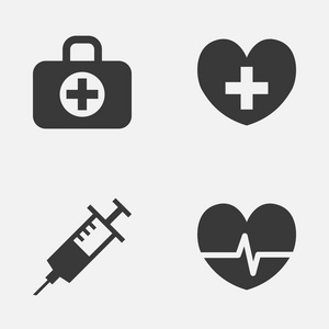 医学图标设置。集合的注射，治愈，节奏和其他元素。此外包括符号，如心跳 脉搏，治愈