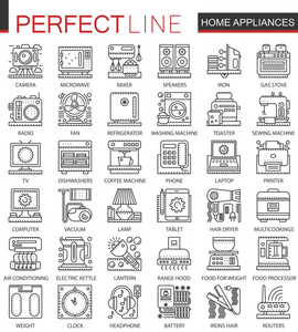 家用电器概述迷你概念的符号。家电现代中风线性风格的插图集。完美的细线图标
