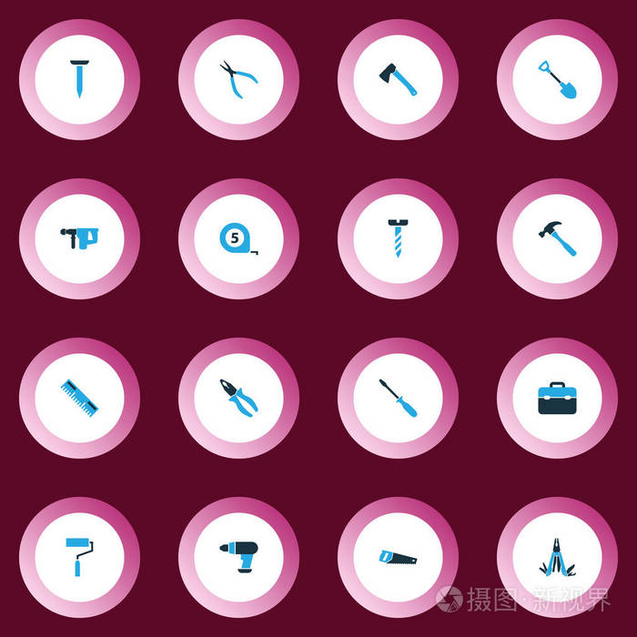 色彩鲜艳的图标组套工具斧头螺栓工具和其他元素的集合此外包括符号