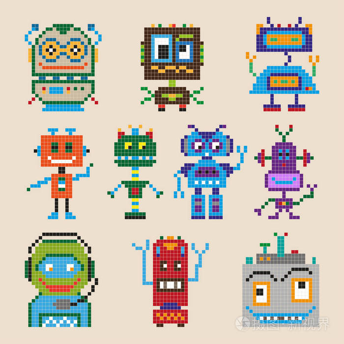 一组不同像素的神奇机器人矢量插图