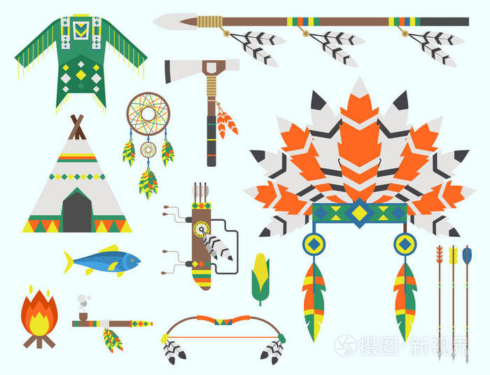 狂野的西部印第安设计元素传统艺术理念与当地部落民族羽毛文化矢量图