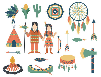 斧头鱼印第安人图标寺装饰和元素复古老式印度教各族人民工具矢量图