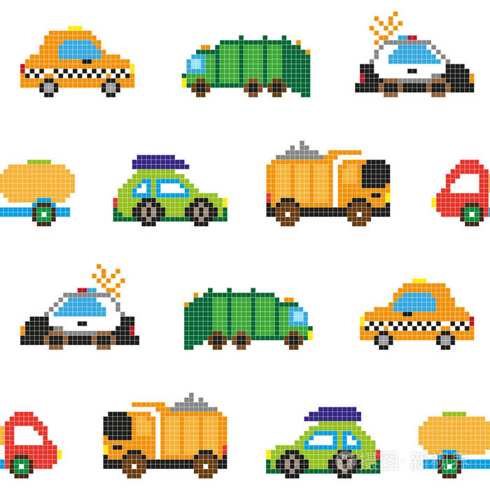 白色背景下的漫画像素汽车无缝模式