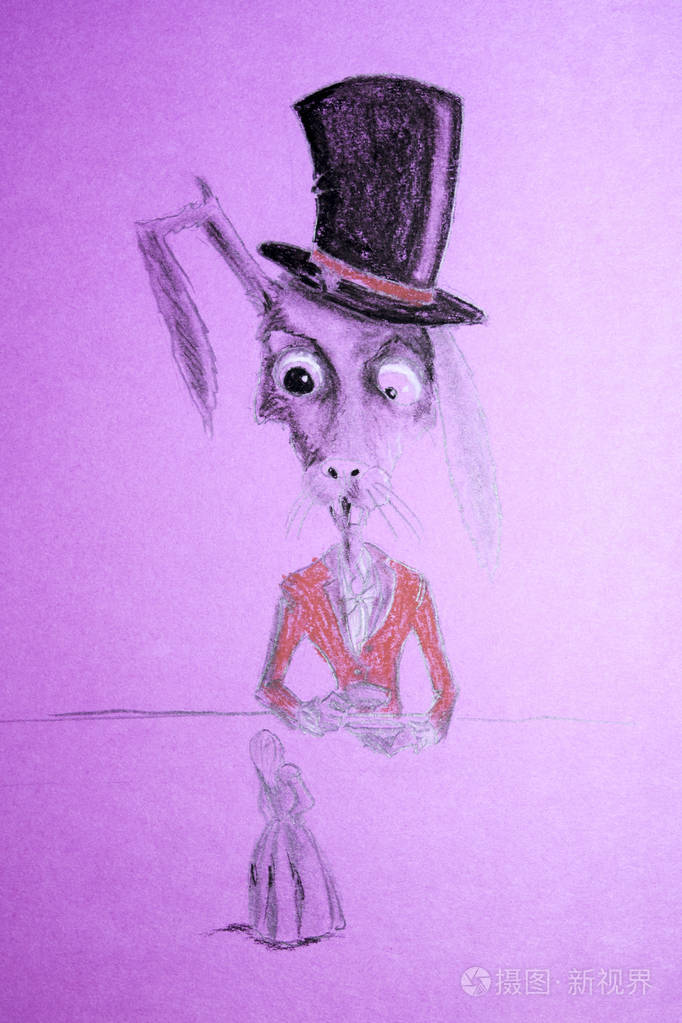 丑兔子在一顶帽子里喝茶在他旁边的桌子上是th