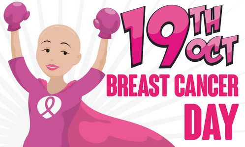 胜利秃头女英雄征服乳腺癌，矢量图