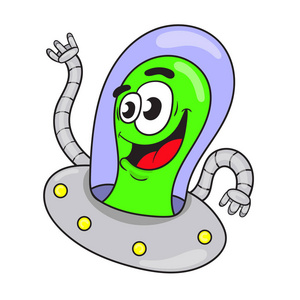 可爱的绿色外星人在一架飞碟。有趣的人物设计。血管内皮
