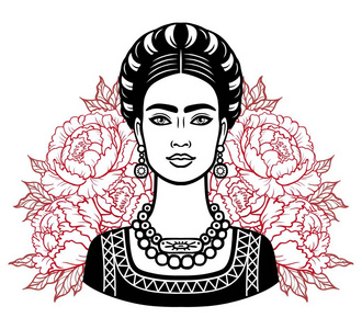 在古代的衣服，背景程式化的玫瑰美丽的墨西哥女孩的画像。孤立在白色背景上的矢量图。打印 海报 t 恤 卡