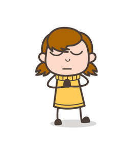 孩子沉默沉默的孩子做祷告-可爱的卡通女孩插画照片