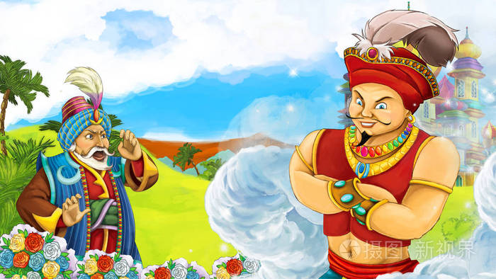 卡通场景与王子或国王见面巫师在城堡前为儿童插图