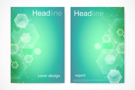 科学的宣传册设计模板。矢量海报布局 分子结构与连接的线和点。科学模式原子 Dna 与杂志 传单 封面 海报设计元素
