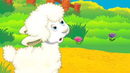 卡通场景,羊站在草地上,为孩子们寻找插图照片