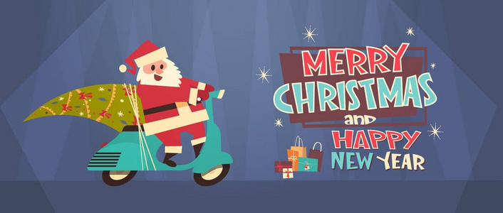 圣诞老人驾驶摩托车与松树 圣诞 新年贺卡冬天假日概念横幅
