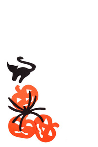 白色衬底上孤立的橙色南瓜黑猫和蜘蛛用黑纸雕刻的剪影