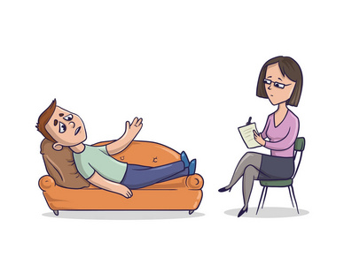 一个人躺在沙发上,谈论的问题.医生坐在椅子上,并做笔记.