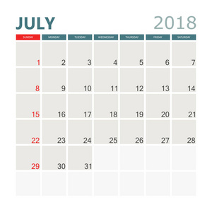 7 月 2018年日历。日历策划设计模板。开始一周