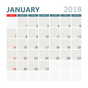 1 月 2018年日历。日历策划设计模板。周圣